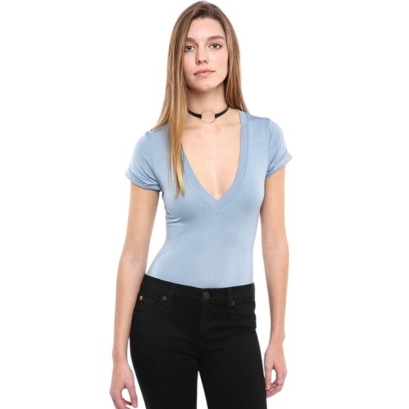Free People Tops - FREE PEOPLE Oh Me Oh My T-Shirt Bodysuit Blue Rolled Sleeve Deep V-Neck, Size S